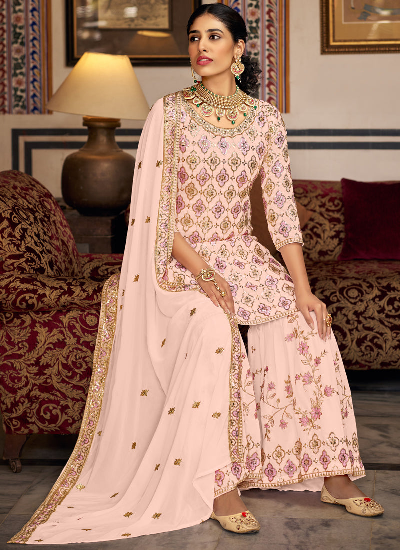 Vegaa Fashion Light Peach Georgette Ebroidered Designer Sharara Suit | Grocsy
