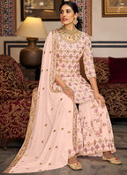 Vegaa Fashion Light Peach Georgette Ebroidered Designer Sharara Suit | Grocsy