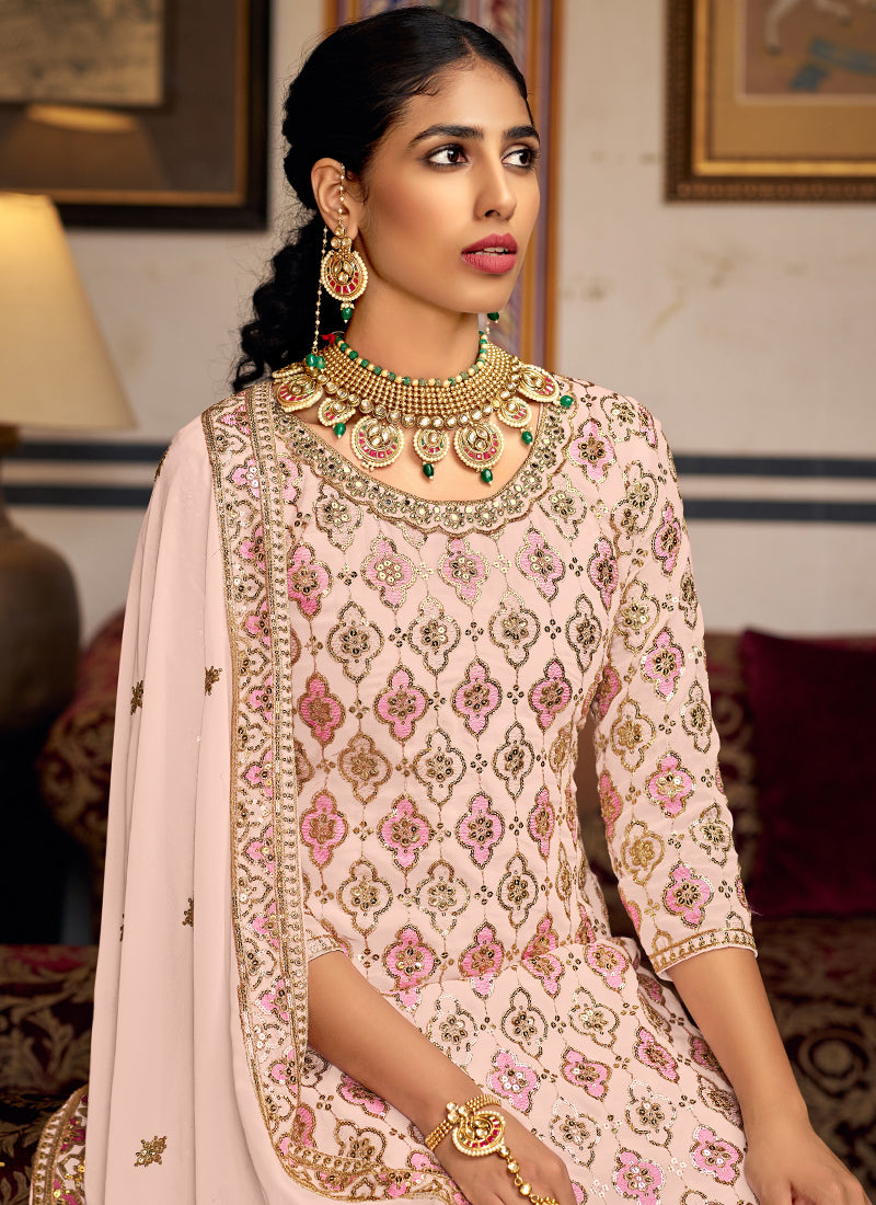 Vegaa Fashion Light Peach Georgette Ebroidered Designer Sharara Suit | Grocsy
