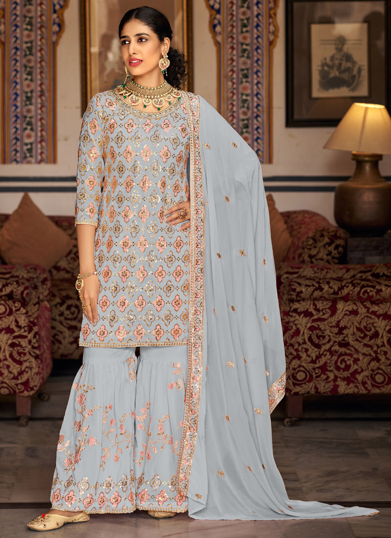 Vegaa Fashion Light Grey Georgette Ebroidered Designer Sharara Suit | Grocsy