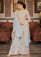 Vegaa Fashion Light Grey Georgette Ebroidered Designer Sharara Suit | Grocsy