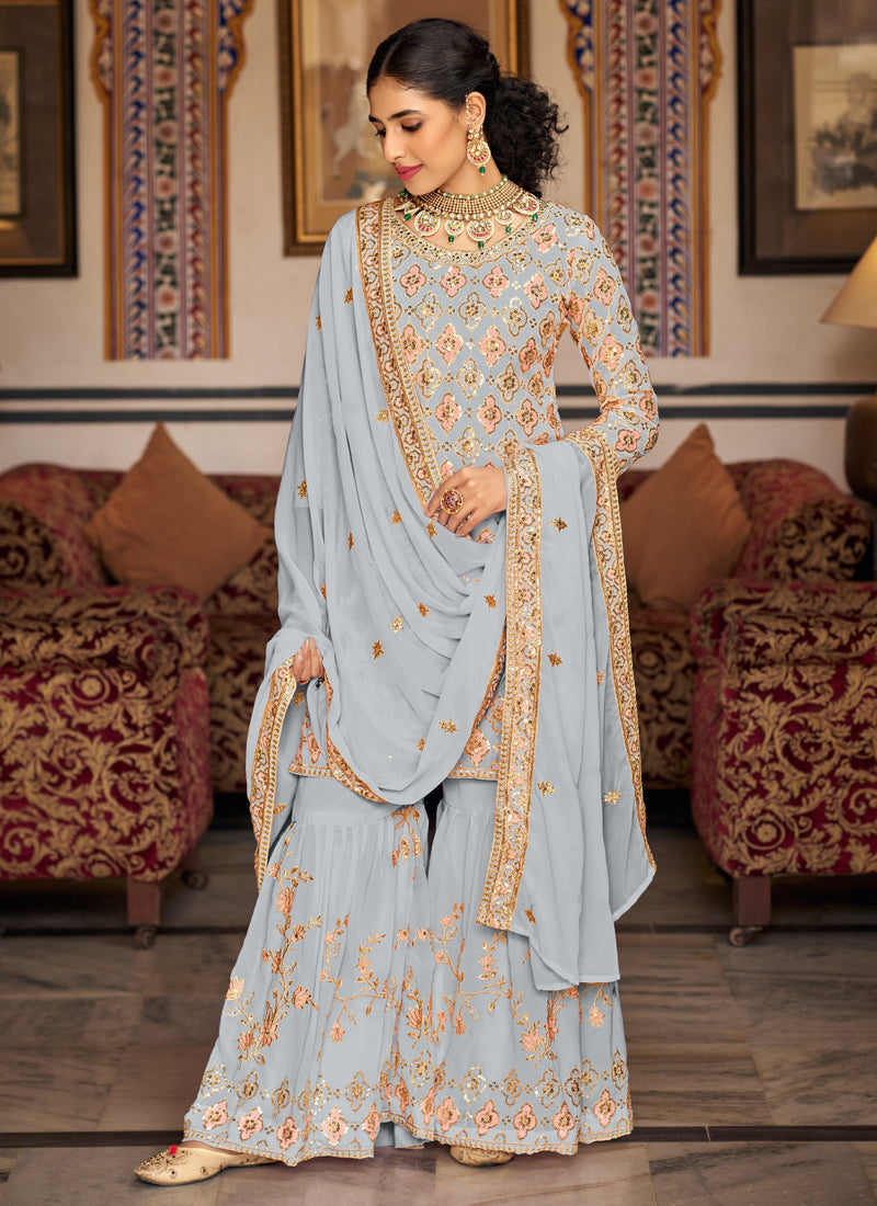 Vegaa Fashion Light Grey Georgette Ebroidered Designer Sharara Suit | Grocsy