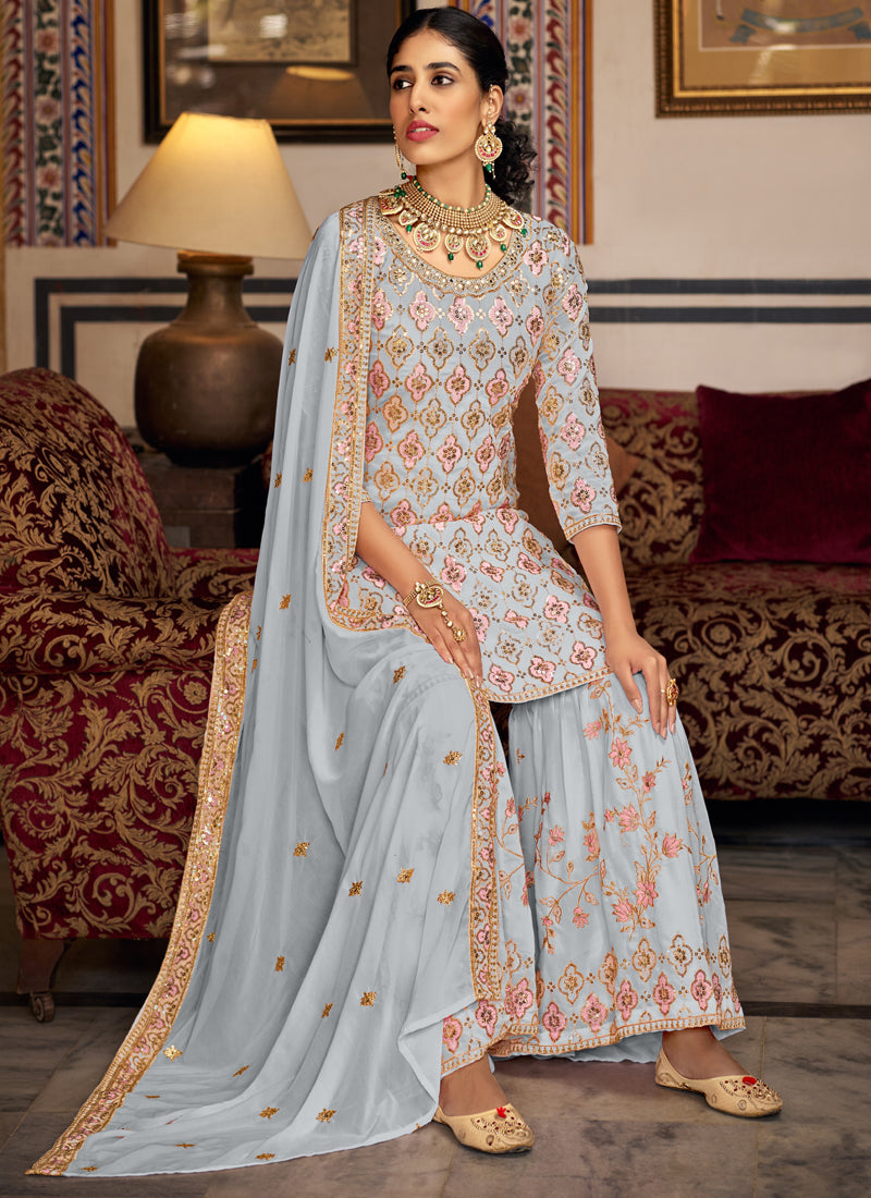 Vegaa Fashion Light Grey Georgette Ebroidered Designer Sharara Suit | Grocsy