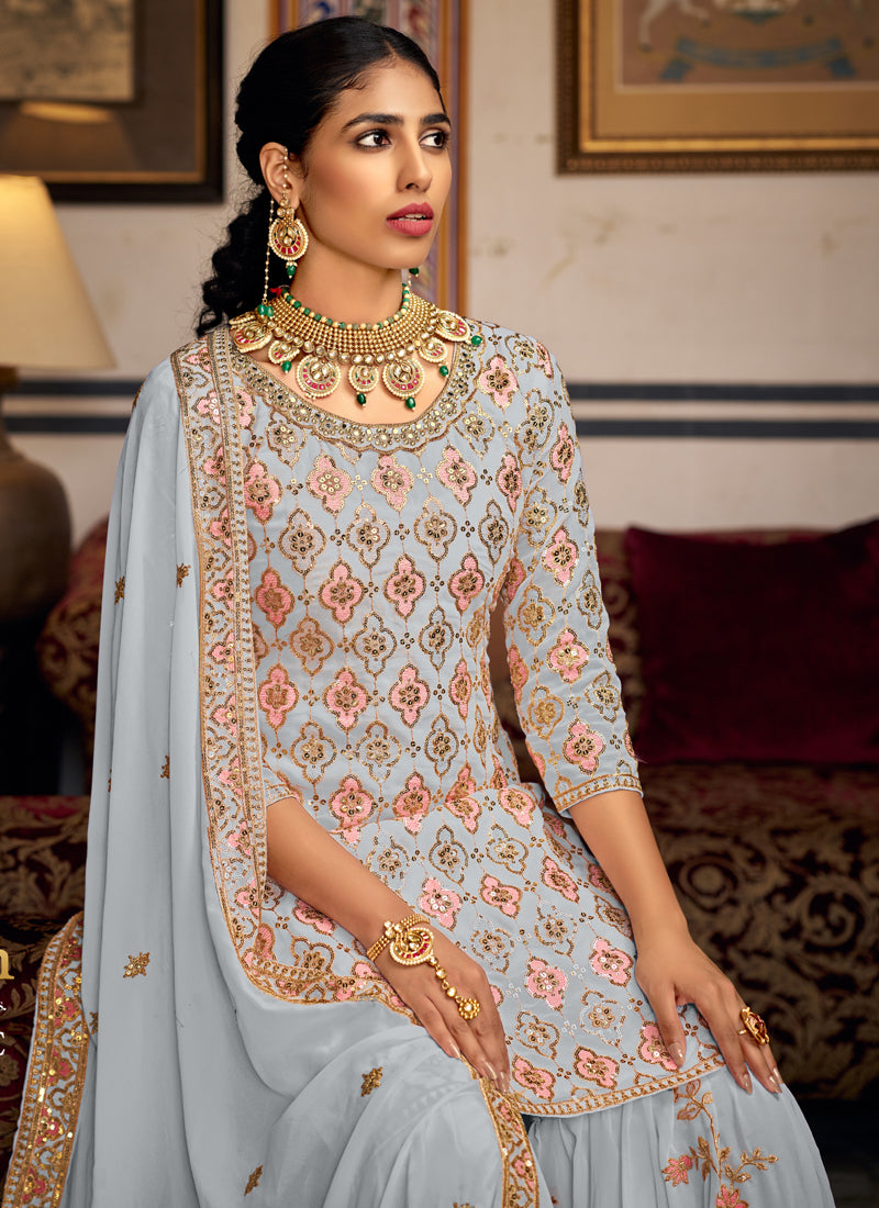 Vegaa Fashion Light Grey Georgette Ebroidered Designer Sharara Suit | Grocsy