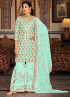 Vegaa Fashion Bottel Green Georgette Ebroidered Designer Sharara Suit | Grocsy