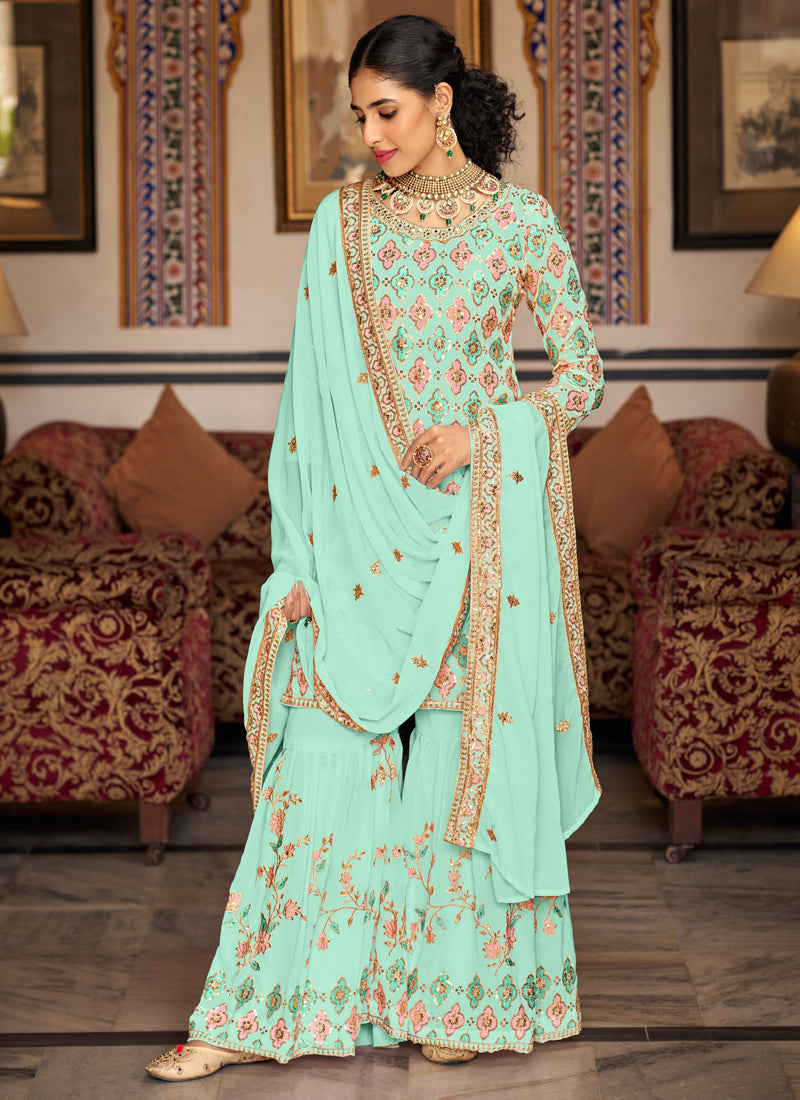 Vegaa Fashion Bottel Green Georgette Ebroidered Designer Sharara Suit | Grocsy