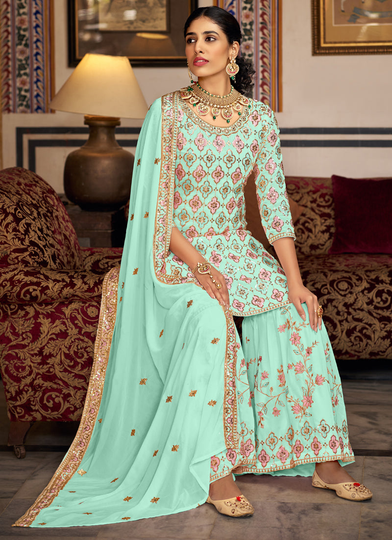 Vegaa Fashion Bottel Green Georgette Ebroidered Designer Sharara Suit | Grocsy