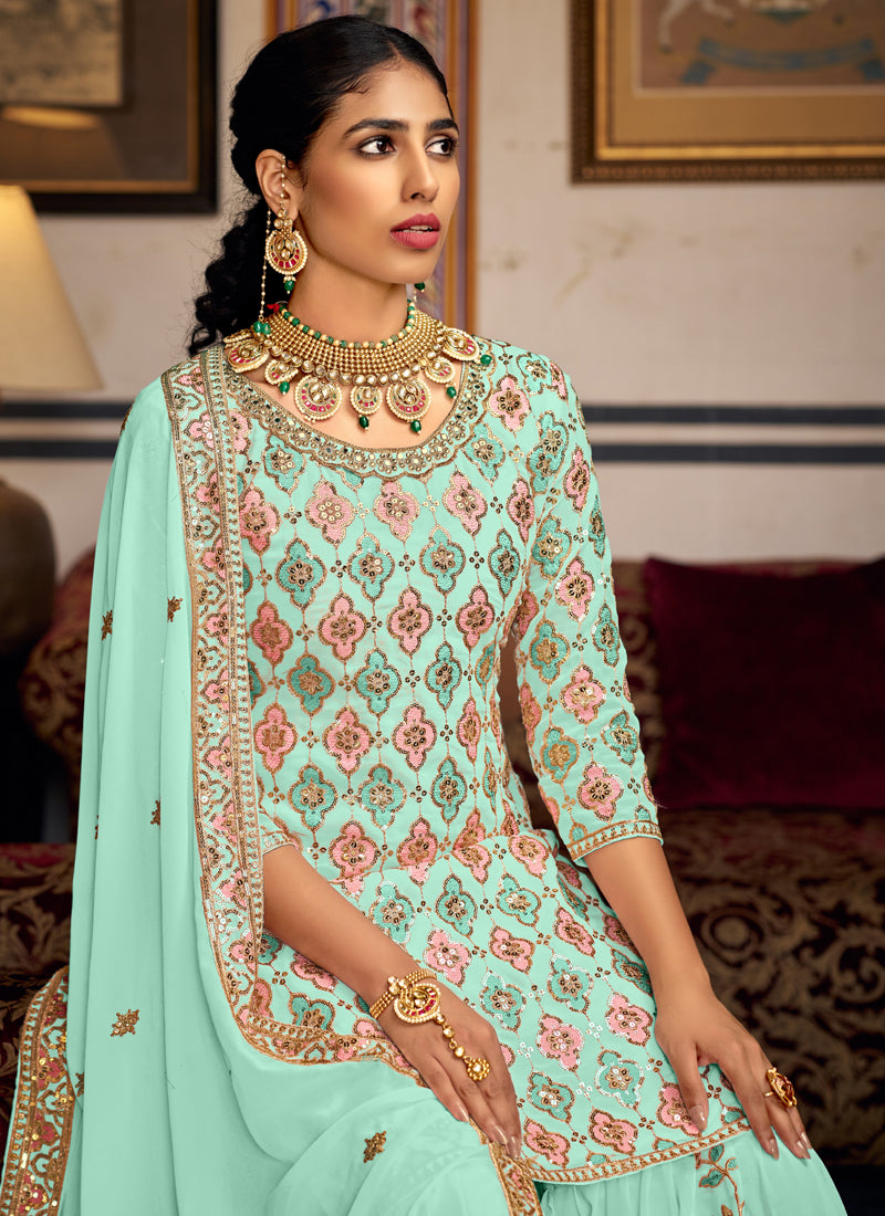 Vegaa Fashion Bottel Green Georgette Ebroidered Designer Sharara Suit | Grocsy