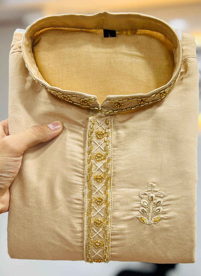 Prazu Fashion Beige Roman Silk Handwork Kurta With Pajama | Grocsy