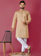 Prazu Fashion Beige Roman Silk Handwork Kurta With Pajama | Grocsy