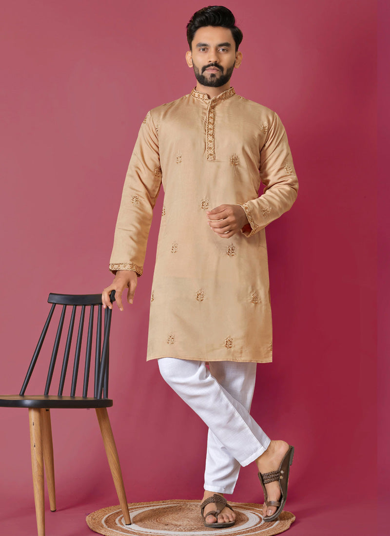 Prazu Fashion Beige Roman Silk Handwork Kurta With Pajama | Grocsy