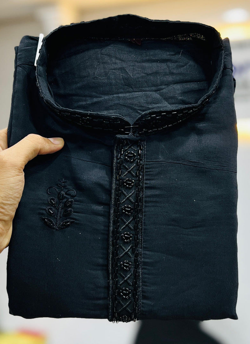 Prazu Fashion Black Roman Silk Handwork Kurta With Pajama | Grocsy