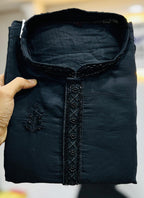 Prazu Fashion Black Roman Silk Handwork Kurta With Pajama | Grocsy
