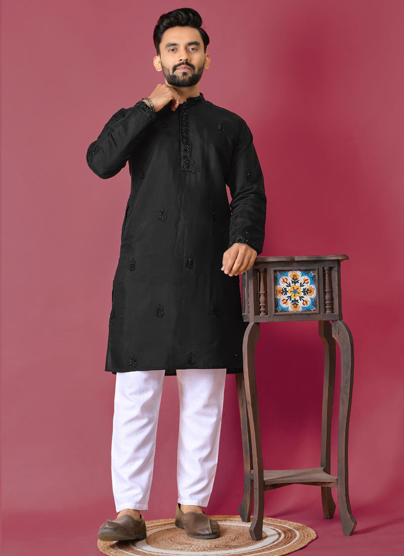 Prazu Fashion Black Roman Silk Handwork Kurta With Pajama | Grocsy