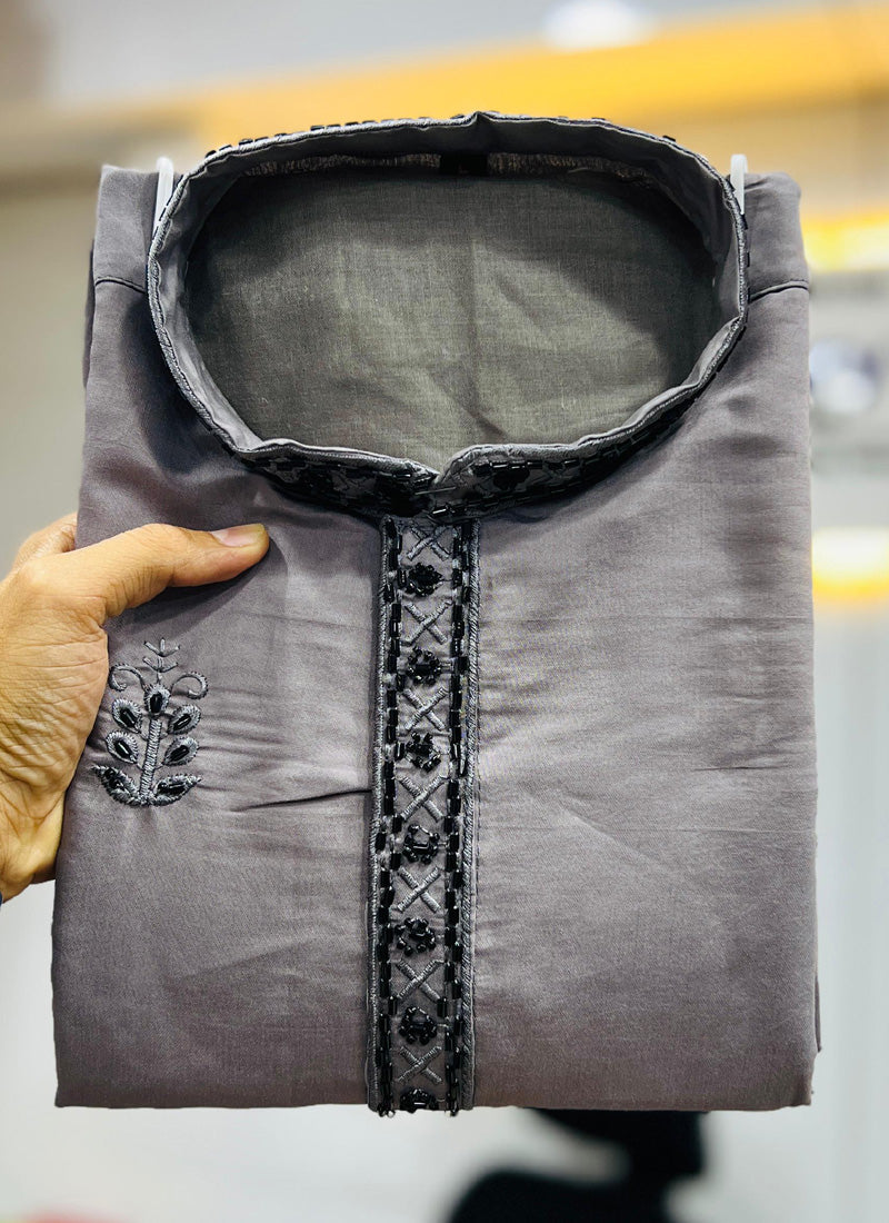 Prazu Fashion Dark Grey Roman Silk Handwork Kurta With Pajama | Grocsy
