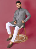 Prazu Fashion Dark Grey Roman Silk Handwork Kurta With Pajama | Grocsy