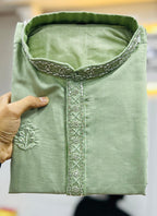 Prazu Fashion Light Green Roman Silk Handwork Kurta With Pajama | Grocsy