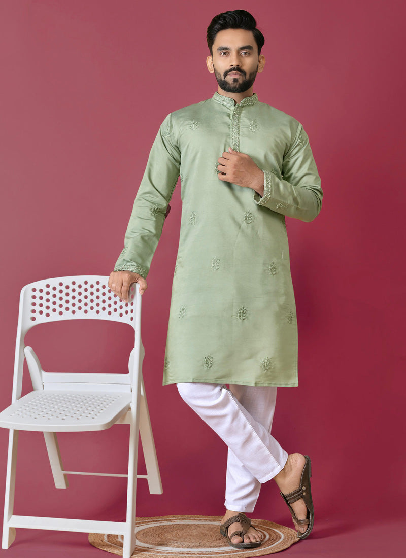 Prazu Fashion Light Green Roman Silk Handwork Kurta With Pajama | Grocsy