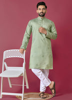 Prazu Fashion Light Green Roman Silk Handwork Kurta With Pajama | Grocsy