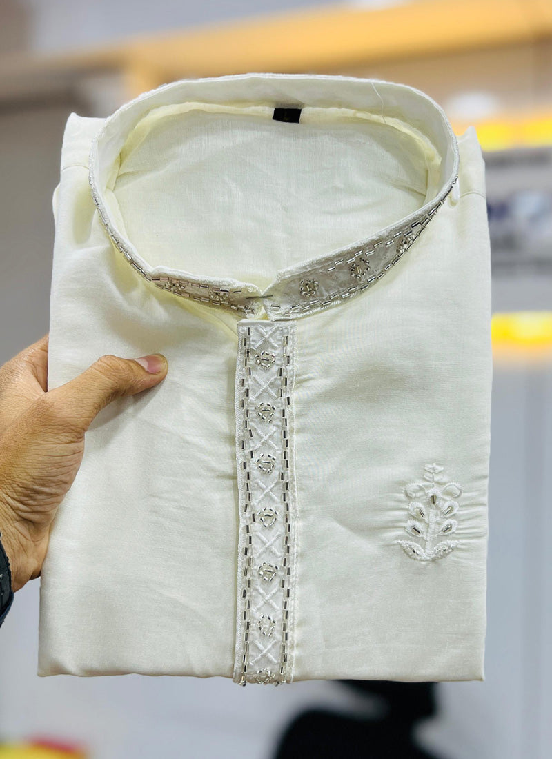 Prazu Fashion Off White Roman Silk Handwork Kurta With Pajama | Grocsy