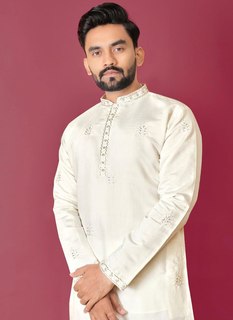 Prazu Fashion Off White Roman Silk Handwork Kurta With Pajama | Grocsy
