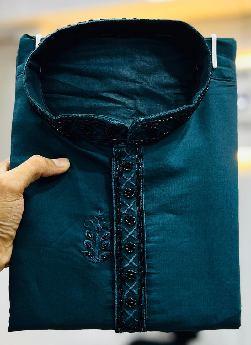 Prazu Fashion Royal Blue Roman Silk Handwork Kurta With Pajama | Grocsy