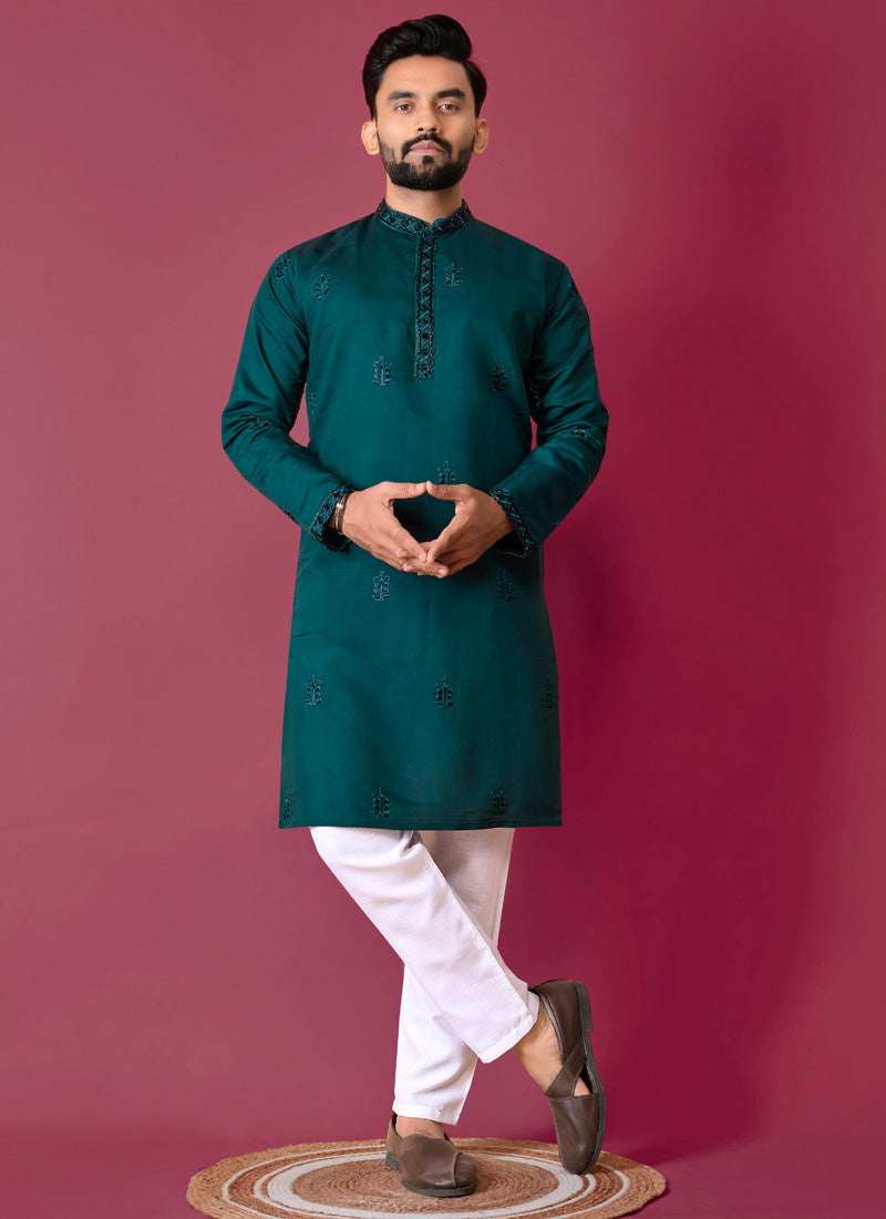Prazu Fashion Royal Blue Roman Silk Handwork Kurta With Pajama | Grocsy