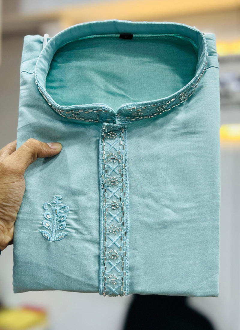 Prazu Fashion Sky Blue Roman Silk Handwork Kurta With Pajama | Grocsy