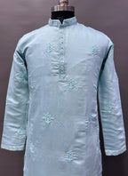 Prazu Fashion Sky Blue Roman Silk Handwork Kurta With Pajama | Grocsy