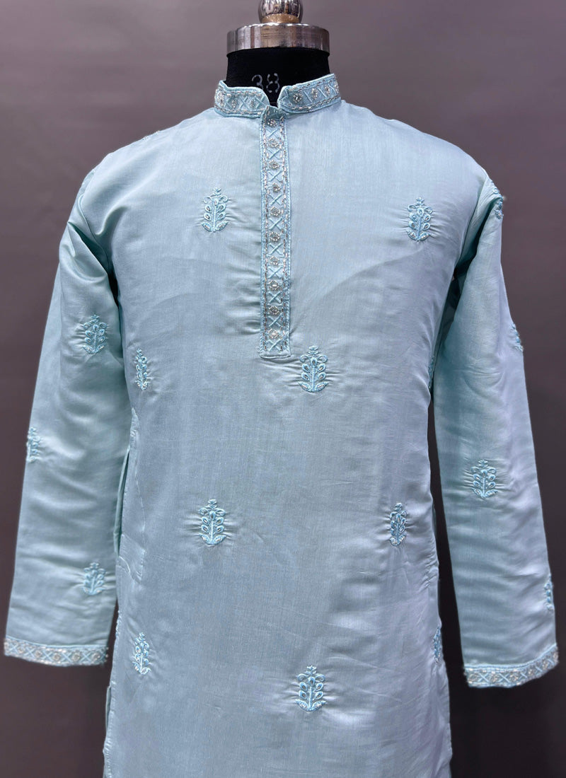 Prazu Fashion Sky Blue Roman Silk Handwork Kurta With Pajama | Grocsy