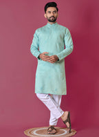 Prazu Fashion Sky Blue Roman Silk Handwork Kurta With Pajama | Grocsy