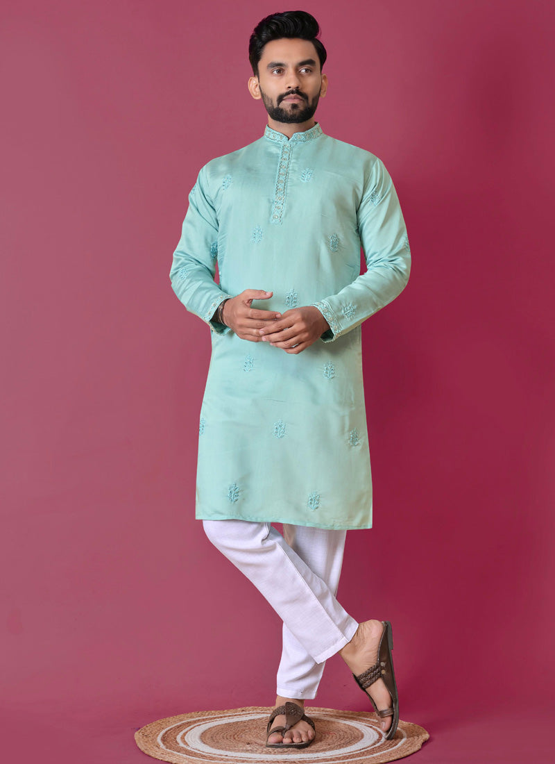 Prazu Fashion Sky Blue Roman Silk Handwork Kurta With Pajama | Grocsy