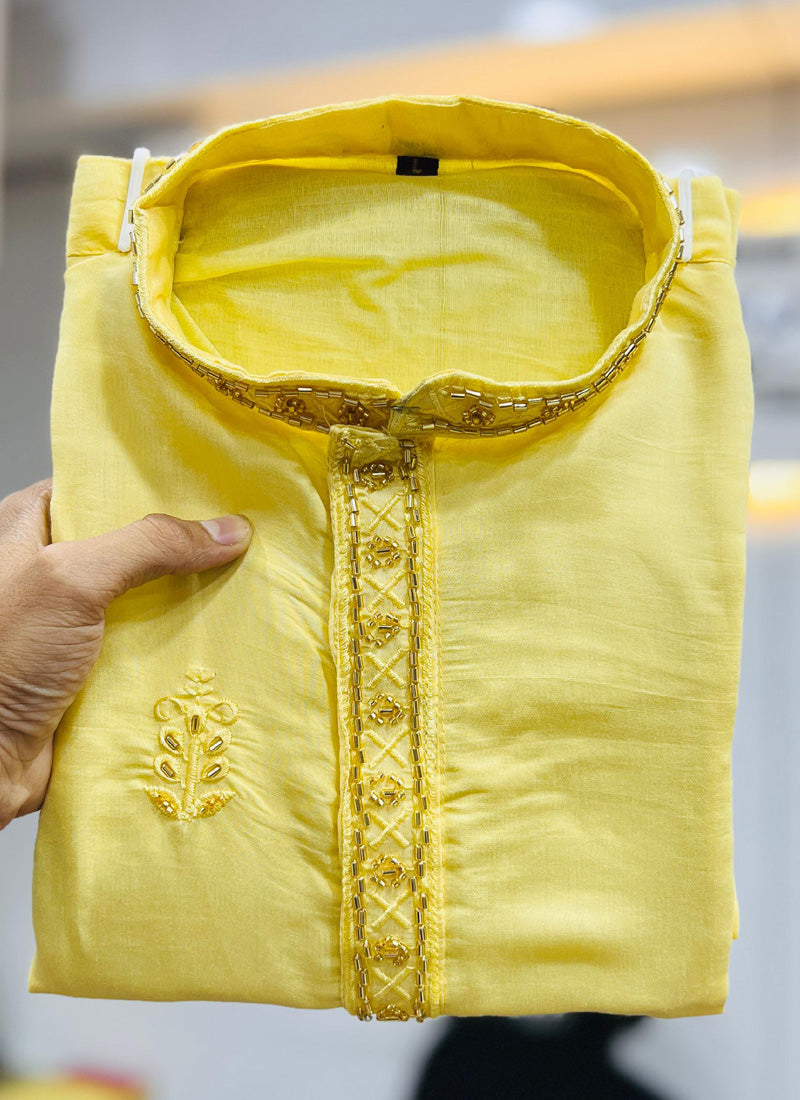 Prazu Fashion Yellow Roman Silk Handwork Kurta With Pajama | Grocsy