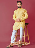 Prazu Fashion Yellow Roman Silk Handwork Kurta With Pajama | Grocsy