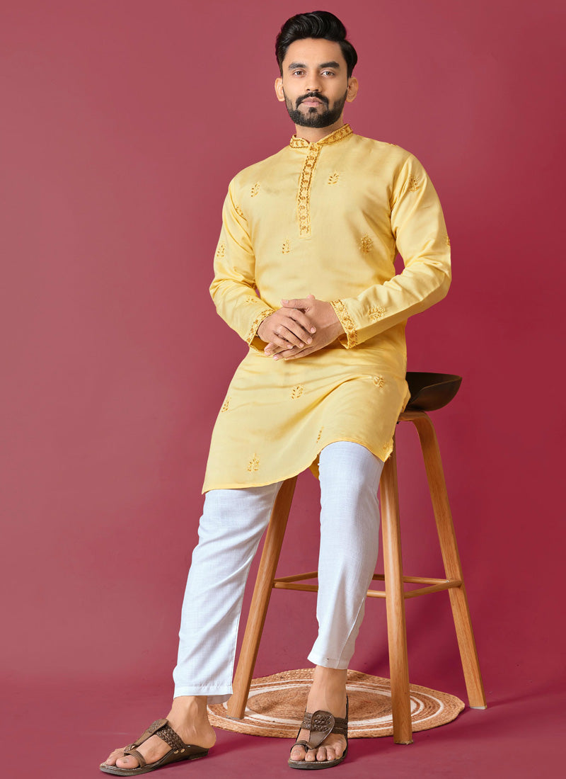 Prazu Fashion Yellow Roman Silk Handwork Kurta With Pajama | Grocsy