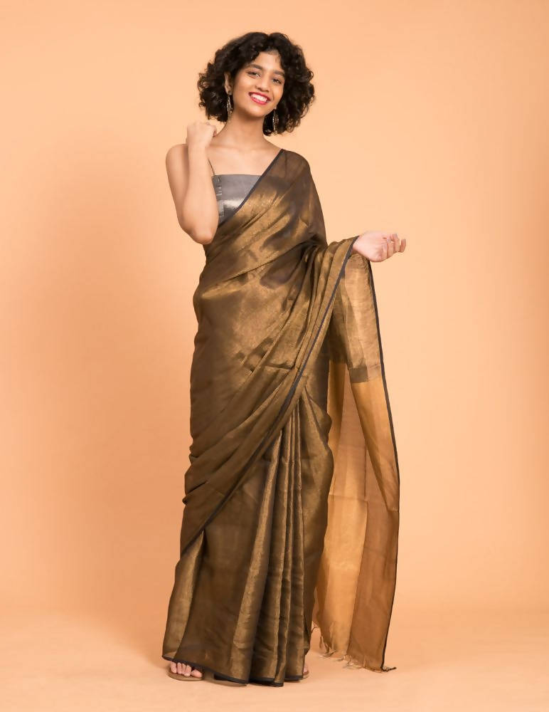 Suta Black Gold Woven Design Zari Pure Linen Saree | Grocsy