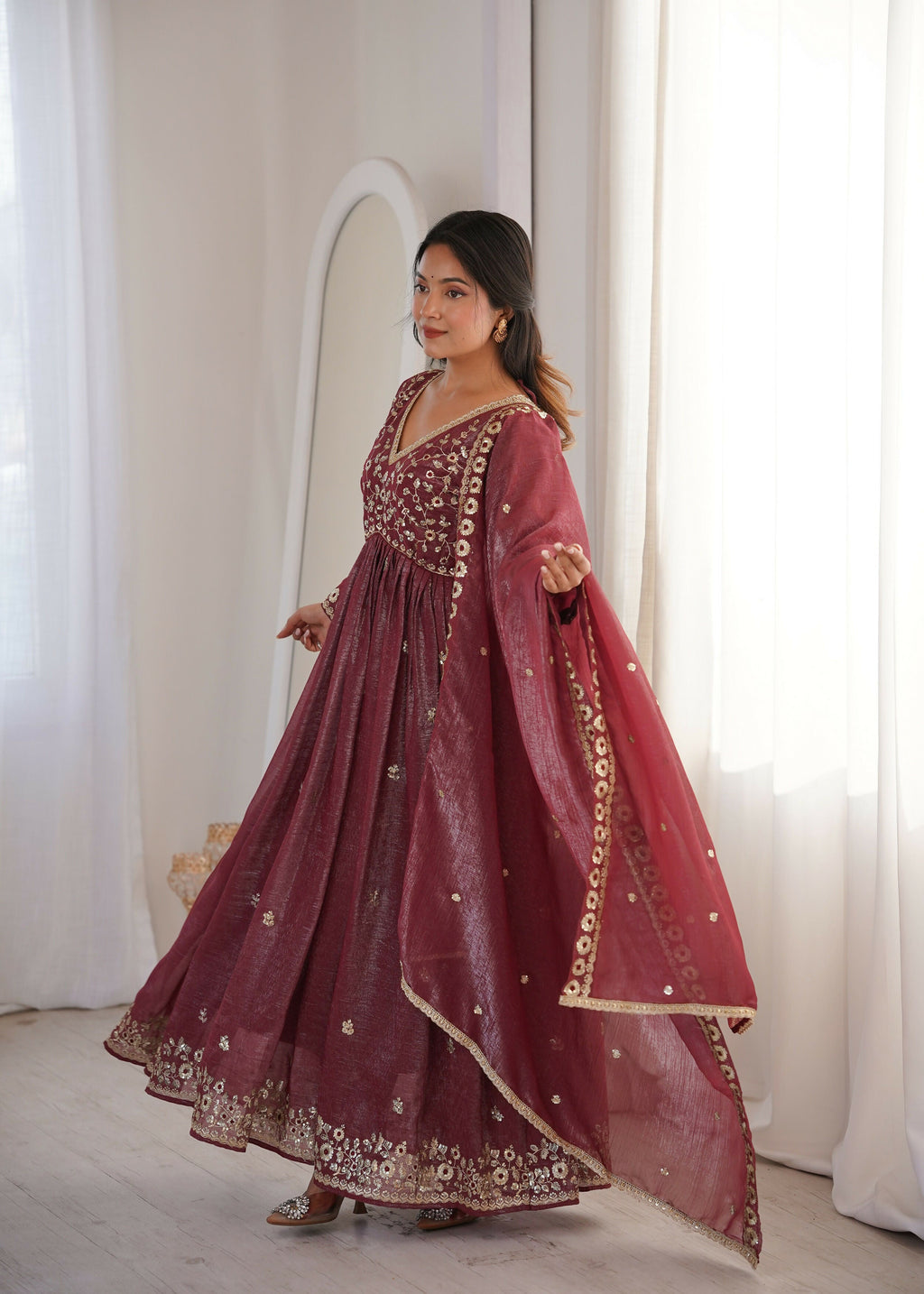 Teeya Creation Brown Crunchy Silk Wedding Wear Embroidery Work Design Gown | Grocsy