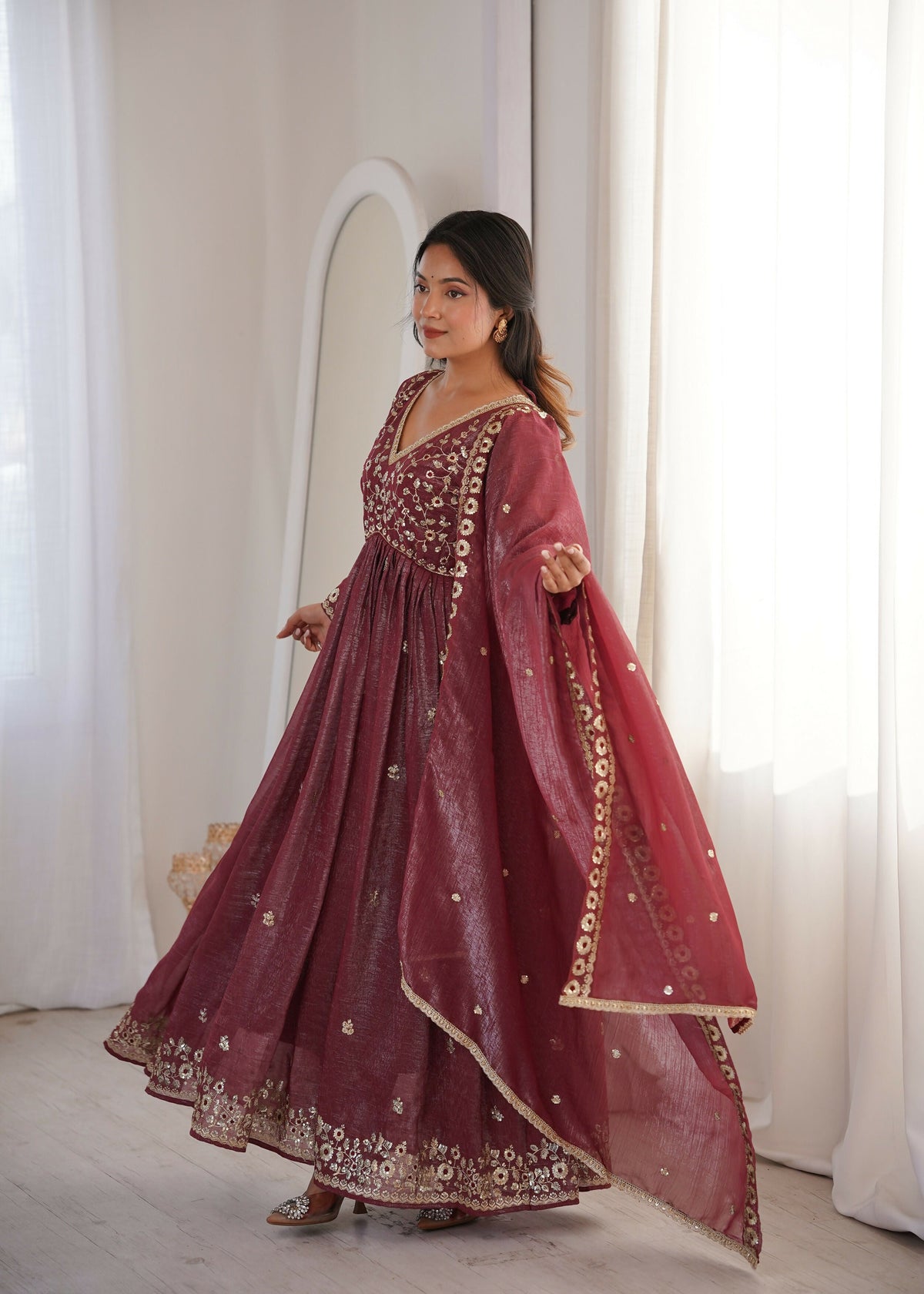 Teeya Creation Brown Crunchy Silk Wedding Wear Embroidery Work Design Gown | Grocsy