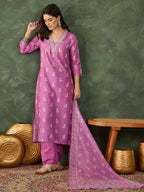 The52 Women's Gorgeous Rayon Fabric Printed Work Straight Kurta Pant and Dupatta Set | Grocsy