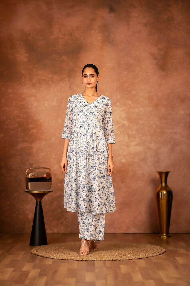 Joban Fashion Blue Hand Block Printed Cotton Suit Set | Grocsy