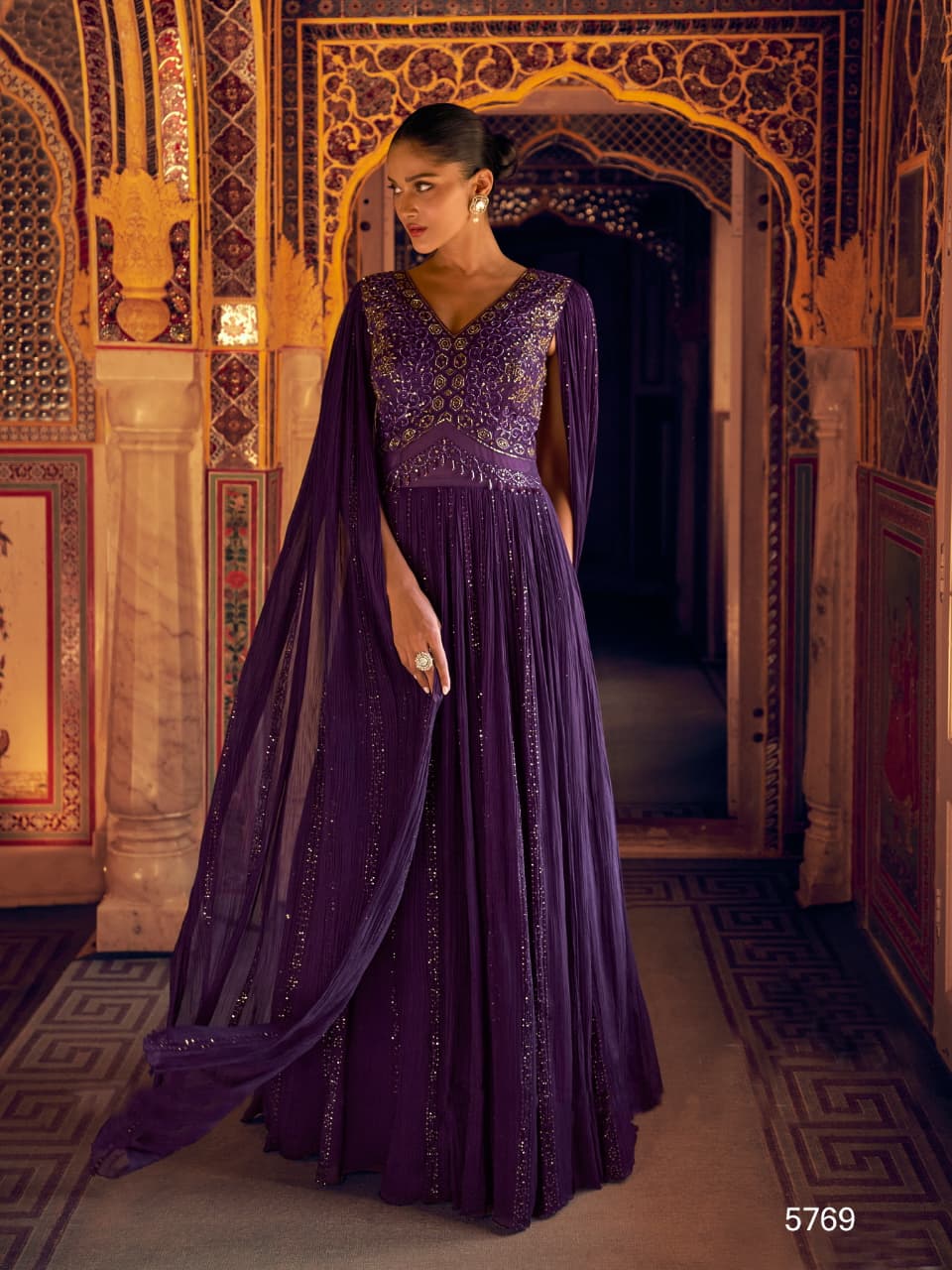 Aarshi Fashions Purple Geogette Wedding Gowns | Grocsy