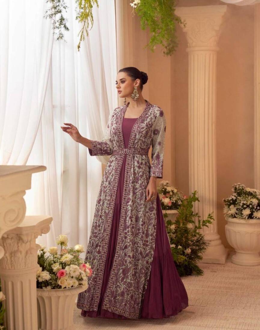 Aarshi Fashions Heavy Silks Purple Long Top With Silk Shrug | Grocsy
