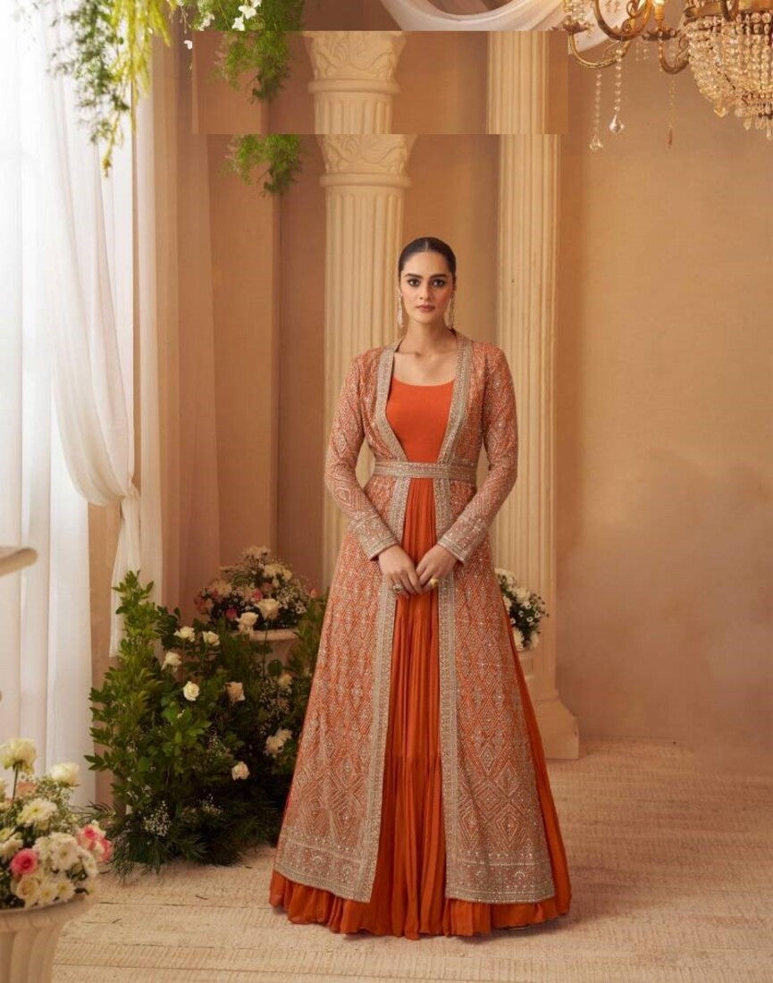 Aarshi Fashions Heavy Silks Orange Long Top With Silk Shrug | Grocsy