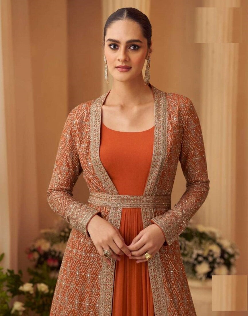 Aarshi Fashions Heavy Silks Orange Long Top With Silk Shrug | Grocsy