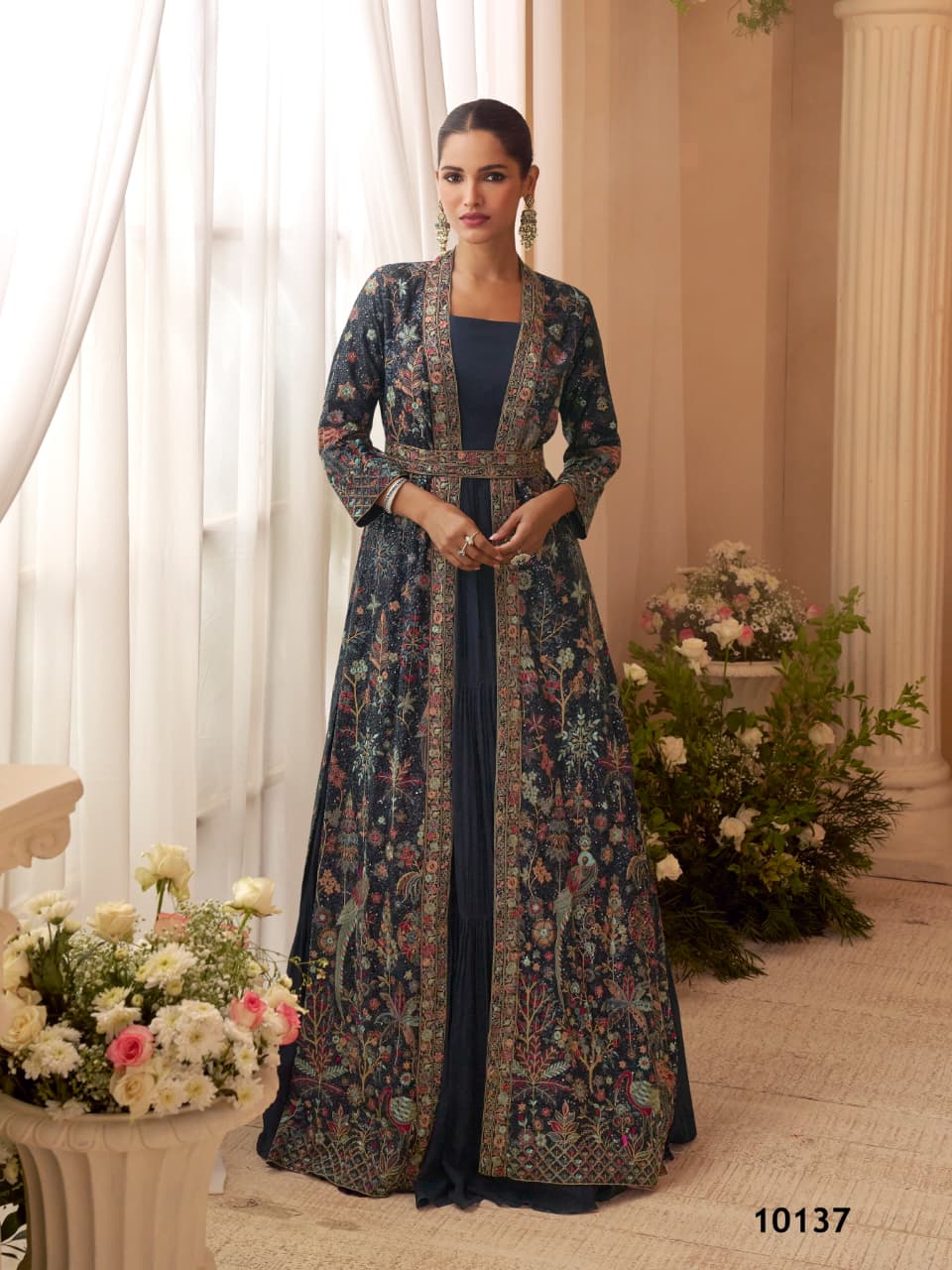 Aarshi Fashions Heavy Silks Teal Long Top With Silk Shrug | Grocsy
