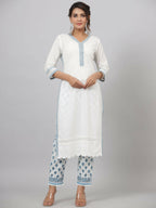 Juniper Women's White Cotton Cambric Solid Kurta Floral Printed Pant & Dupatta Set | Grocsy