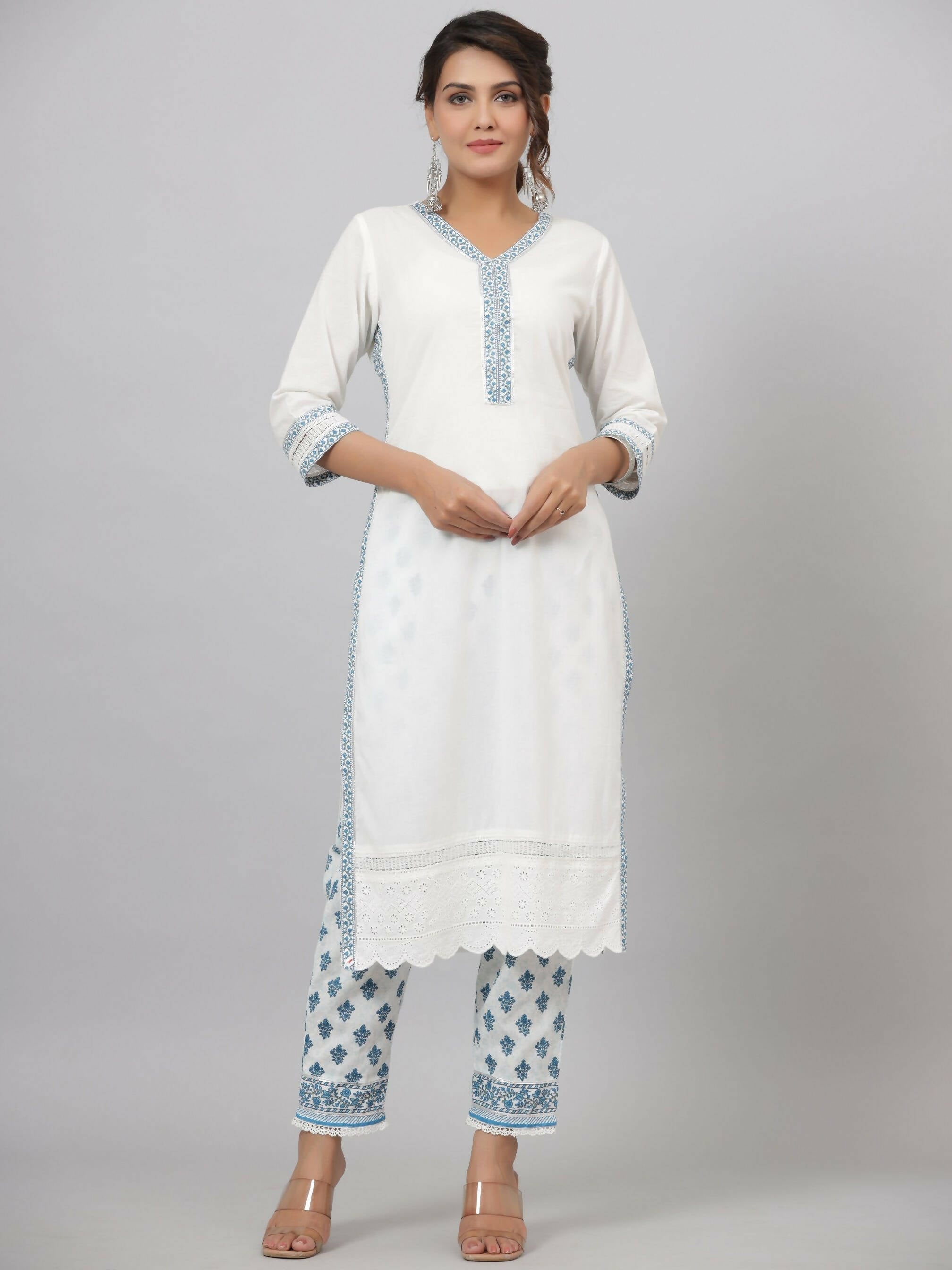 Juniper Women's White Cotton Cambric Solid Kurta Floral Printed Pant & Dupatta Set | Grocsy