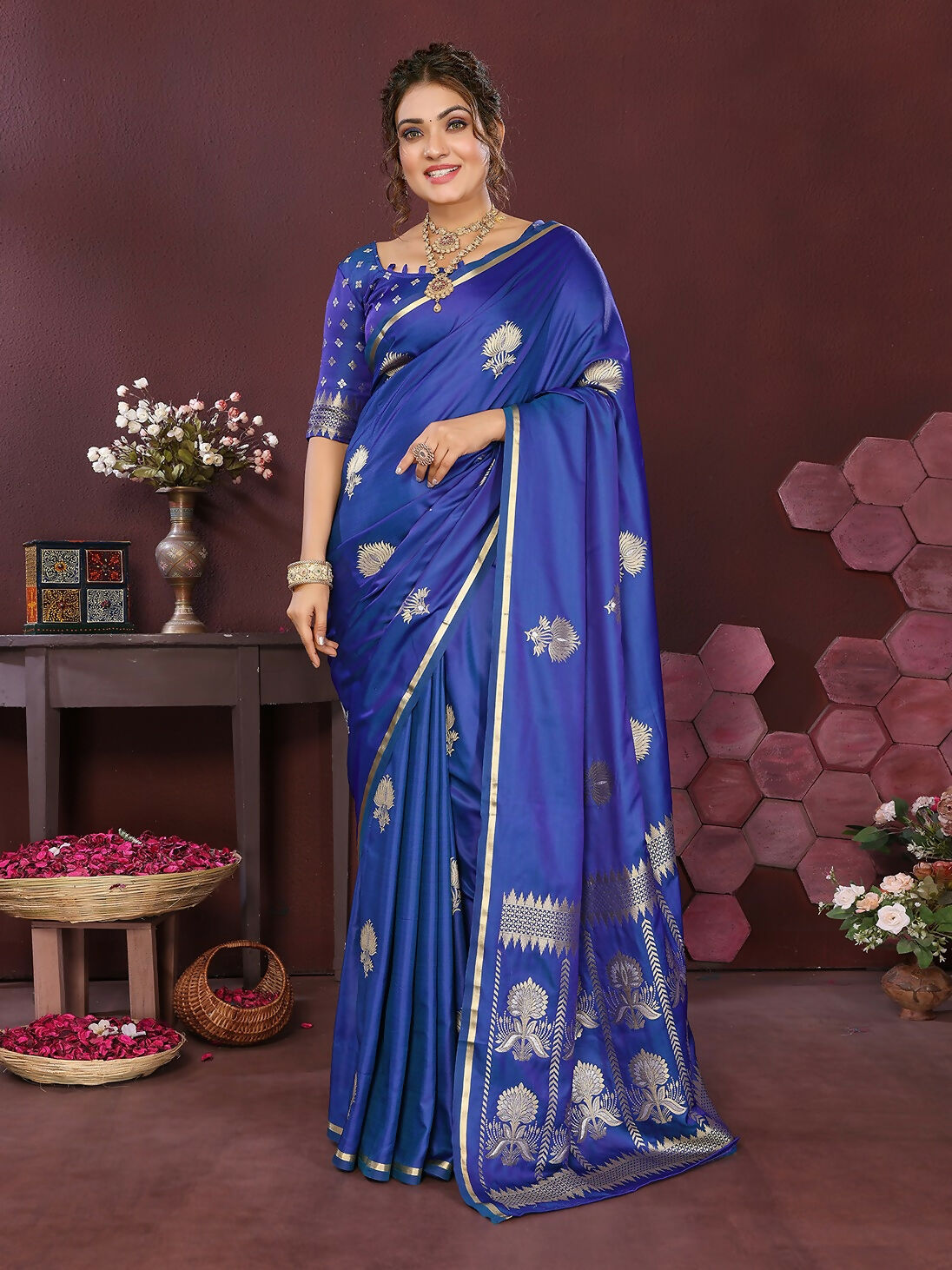 Joban Fashion Royal blue Floral Motifs Banarasi Silk Sarees | Grocsy