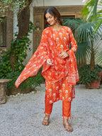 The52 Orange Women's Beautiful Cotton Blend Fabric Printed Work Straight Kurta, Pant and Dupatta Set | Grocsy