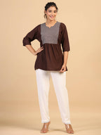 Womens Brown Rayon Yoke Embroidered Top - Keeva | Grocsy